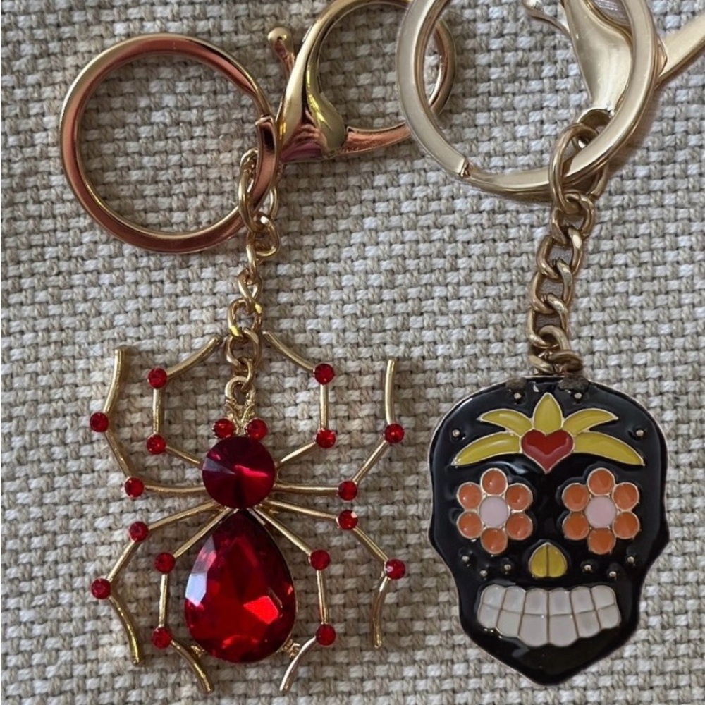 Spider AND Sugar Skull Keychains. Red Jewels